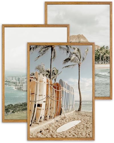 UPWOIGH Hawaii Coastal Framed Wall Art, 16 x 24 Inch, Set of 3 | Surfboard Beach, Diamond Head and Honolulu Prints, Soft Coastal Tones, Light Wood Frames for Living Room and Office - color: Grey Hawaii, size: 24"L x 16"W