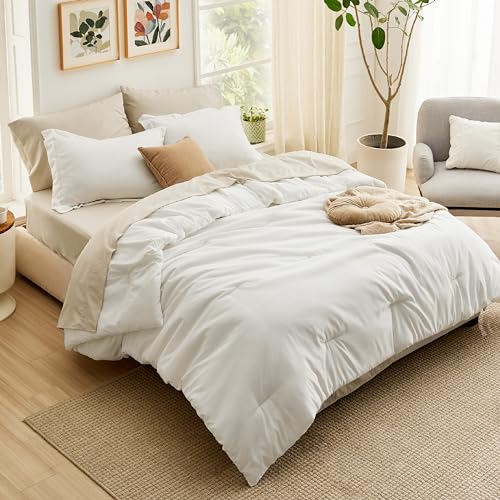 Bedsure 화이트 트윈 XL 이불 세트 침대 세트 듀얼 톤 5피스 172.7cm x 223.5cm(68x88인치) | Bed in a Bag 침구 세트, 사계절용, 기숙사 필수품, 대조적인 디자인, 부드러움, 시트 포함, 통기성, 침실 - color: 03 - 화이트/베이지, size: 트윈-XL