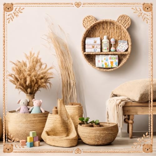 Bear Nursery Wall Shelf Decor Boho Rattan Wicker Floating Shelves Handwoven Natural Rattan Hanging Organizer Storage Basket for Small Books Toys Nursery Bathroom Living Room Bedroom Corner - style: Bear