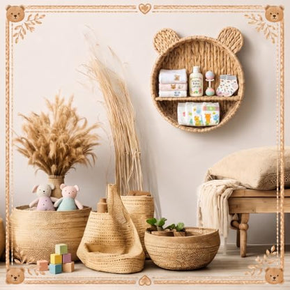 Bear Nursery Wall Shelf Decor Boho Rattan Wicker Floating Shelves Handwoven Natural Rattan Hanging Organizer Storage Basket for Small Books Toys Nursery Bathroom Living Room Bedroom Corner - style: Bear