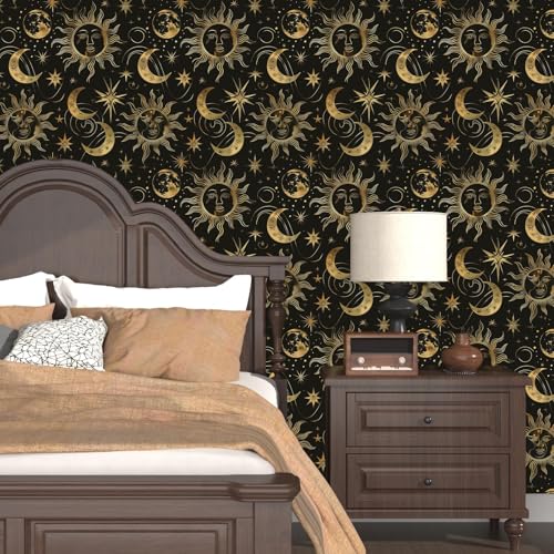 Celestial Sun Moon Wallpaper Peel and Stick 17.5"x 118",Black/Golden | Self Adhesive/Removable/Waterproof/Thick Vinyl Contact Paper for Bathroom Bedroom Shelf Cabinet Drawer,Prepasted,Easy Peel - color: Gold moon, size: 17.5" x 118"