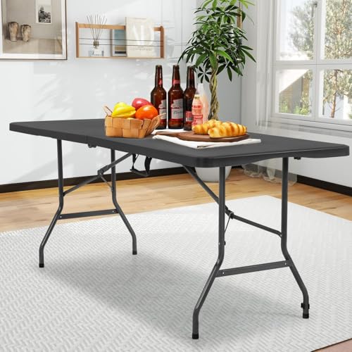 6FT Folding Table, Heavy Duty Plastic Table Portable Fold-in-Half Utility Table Indoor Outdoor Picnic Table w/Handle & Lock for Camping BBQ Party Wedding Market Events, Black - size: 6FT-Black