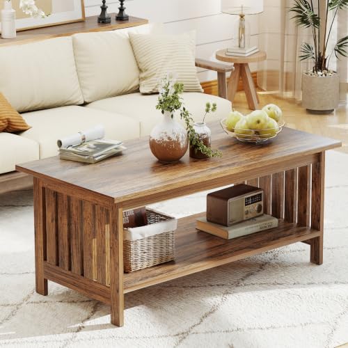39.4" Farmhouse Coffee Table, Small Coffee Tables for Living Room | Rerto Wood, 2 Tier Coffee Table with Storage, Tea Table for Living Room Bedroom Small Space - color: Retro Wood
