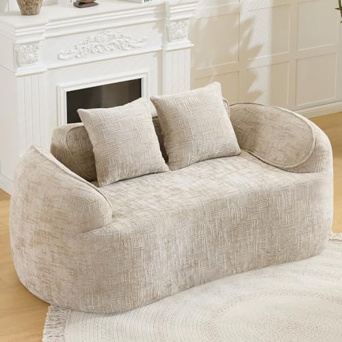 67" Curved Loveseat Sofa with 2 Pillows, Modern Boneless Couch in a Box, Small Cloud Loveseat for Bedroom Small Space Apartment Living Room, Memory Foam, Chenille, No Assembly (Light Khaki) - color: Light Khaki
