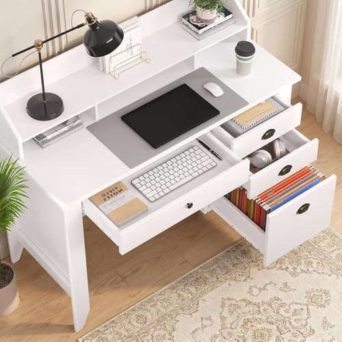 4 EVER WINNER White Desk with Drawers, 47'' Small Desk with File Drawer for Small Spaces, Wood Computer Desk with Monitor Stand for Home Office, Bedroom, White - color: White