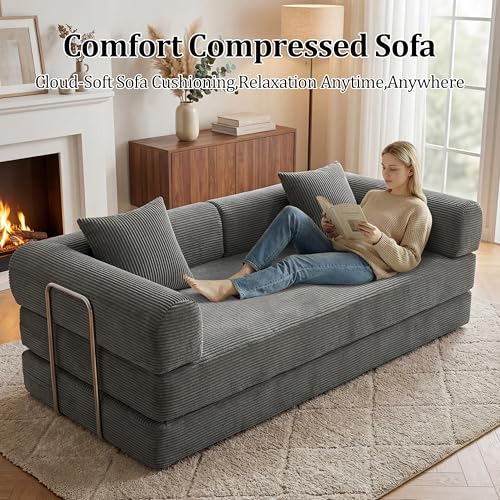 79" Boneless Couch,4-in-1 Futon Sofa Bed Modular Loveseat Sleeper Folding Compressed Couch with Pillows,No Assembly Required Convertible Sofa Bed for Living Room Bedroom Guest Room,Grey - color: Grey, size: 79” Sofa