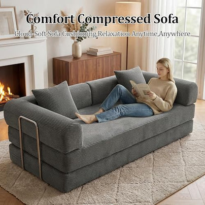 79" Boneless Couch,4-in-1 Futon Sofa Bed Modular Loveseat Sleeper Folding Compressed Couch with Pillows,No Assembly Required Convertible Sofa Bed for Living Room Bedroom Guest Room,Grey - color: Grey, size: 79” Sofa