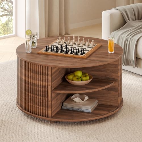 Round Lift Top Coffee Table, 34.6" Modern Coffee Table with 180° Curved Sliding Door, Fluted Accent Coffee Tables with Hidden Storage and Open Shelves, for Living Room, Office, Walnut - color: Walnut