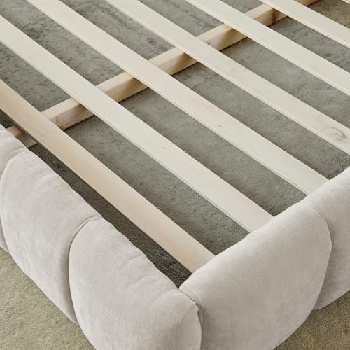 Modern Grounded Chenille Bed Frame, Low Profile Upholstered Platform Bed with Inset Design, No Box Spring Needed, Quiet & Sturdy MDF Wood Foundation, Zero-Gap Cleaning, King, Beige - color: Beige, size: King (U.S. Standard)