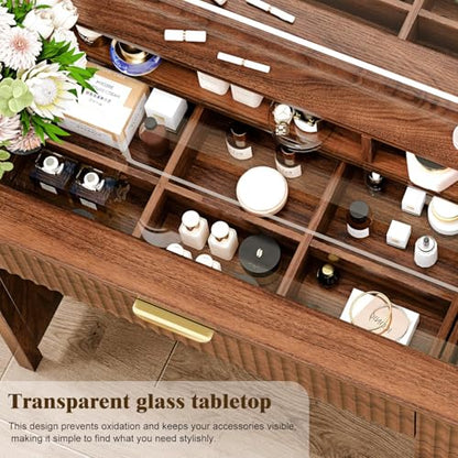 Arulvmrn 43.3'' Vanity Desk with Mirror and Lights, with Glass Tabletop, with 5 Drawers & Shelves,Makeup Vanity Set for Bedroom, Tan - color: Tan