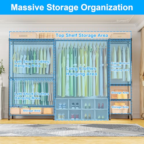E10 Clothes Rack（With Stretchable Hanger Rod）Freestanding Clothing Racks for Hanging Clothes，Adjustable Closet Organizer System，Portable Garment Rack 73-97" W x 15" D x 72" H，Max Load 800LBS，Grey - color: Grey