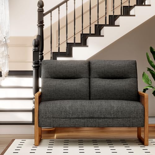 Alunaune Modern Loveseat Bench Couch with Natural Rattan Arm, Upholstered Linen Small Love Seat Sofa 2-Seats Living Room Couch Settee, Comfy Lounge Recliner Chair-Grey - color: Grey