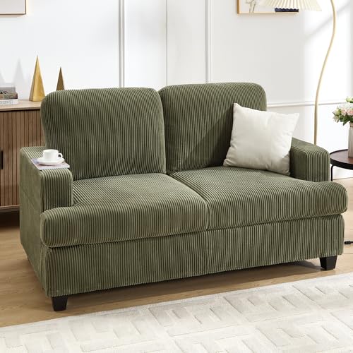 Loveseat Sofa, 60" Corduroy Couch with Side Pocket, Removable Pillow and Cushion Cover 2 seat Couches, Comfy Modern Small Couch for Living Room, Small Spaces, Dorms, Office, Green - color: Green, size: Loveseat Sofa