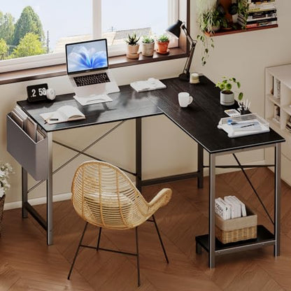 DUMOS L Shaped Desk, Gaming Desk, Corner Table, 50 Inch | Side Storage Bag, CPU Stand, Student Work PC Workstation, Home Office Bedroom for Small Spaces, Black