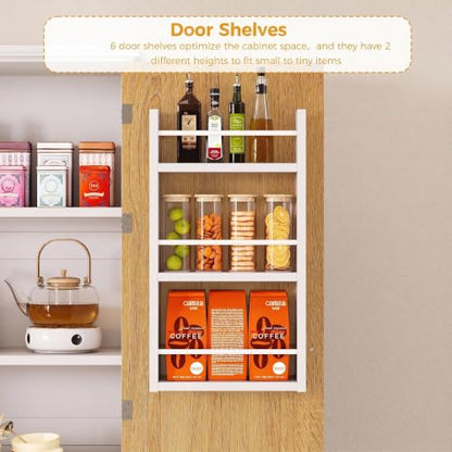 IRONCK 70" Kitchen Pantry Cabinet with Pull-Out Shelves, White | Pantry Storage Cabinet with 6 Door Organizers, 2 Drawers, Kitchen Storage for Kitchen, Dining Room,White & Natural