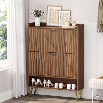Shoe Storage Cabinet with with 2 Flip Drawers, Entryway Shoe Rack Organizer with Water Ripple Textured Front, Slim Shoe Cabinet with Gold Metal Legs for Hallway, Living Room, Walnut - size: 9.4"D x 31.5"W x 42.9"H