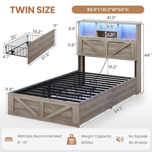 Farmhouse Bed Frame Twin Size with Bookcase Storage Headboard, Charging Station and LED Lights, Wooden Twin Bed Frames with 4 Drawers, Barn Door Design, No Box Spring Needed, No Noise, Grey - color: Grey, size: Twin