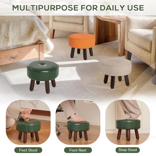 oakvivo 13in Small Foot Stool Ottoman, Round Faux Leather Footrest | Green Under Desk Pouf Footstool Foot Rest with Non-Skid Rubber Legs for Ling Room, Bedroom, 13''L x 13''W x 10.2''H - color: Green