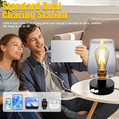 INVGOOD 3 Way Dimmable Touch Bedside Table Lamp, Black Glass Small Desk Lamp with Three Charging Ports for Bedroom Living Room Nightstand, 800LM LED Warm White Bulb Included - color: Black