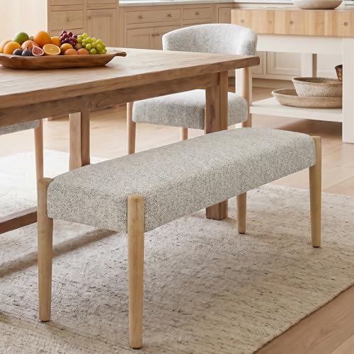 Usaint 42" End of Bed Bench with Wood Legs, Heathered White with Oak Leg | Modern Upholstered Bedroom Bench with Rubberwood Legs, Entryway Bench with Cushion, Dining Bench for Living Room, Bedroom - color: Heathered Off-white With Oak Leg