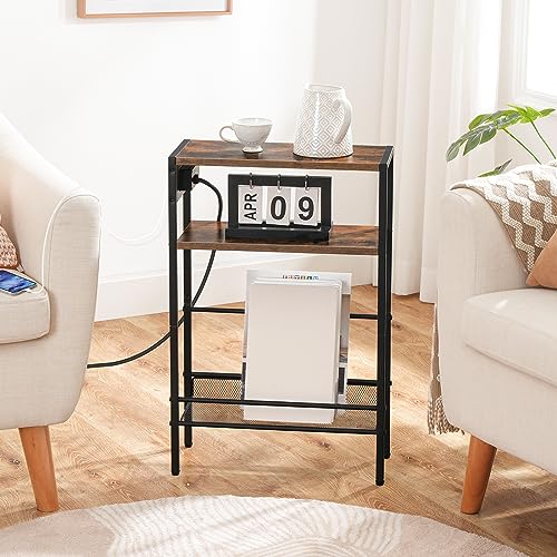 HOOBRO Small Narrow Side Table with Charging Station, Skinny End Table for Small Spaces, Slim Nightstand with USB Ports Outlet, Sofa Beside Table with Storage Shelf, Rustic Brown and Black BF102UBZ01 - color: Rustic Brown + Black