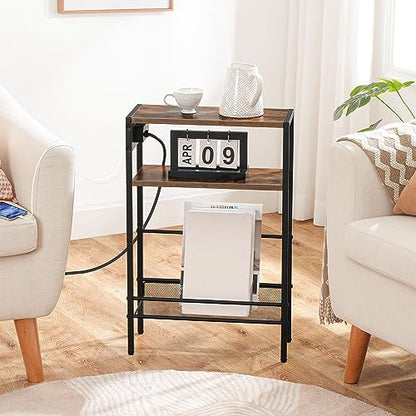 HOOBRO Small Narrow Side Table with Charging Station, Skinny End Table for Small Spaces, Slim Nightstand with USB Ports Outlet, Sofa Beside Table with Storage Shelf, Rustic Brown and Black BF102UBZ01 - color: Rustic Brown + Black