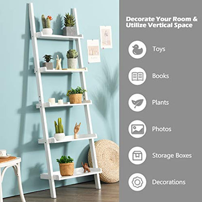 Tangkula 5-Tier Ladder Shelf, Wall-Leaning Bookshelf w/Open Shelves, Plant Flower Stand, Storage Display Organizer Rack, Multifunctional Bookcase for Living Room Home Office (White) - color: White