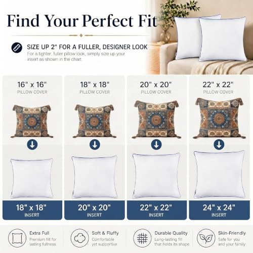 18x18 Pillow Inserts Set of 2, Soft Hypoallergenic Square Throw Pillow Inserts for Couch, Sofa – Oeko-TEX Certified Virgin Down Alternative Filling, Machine Washable - color: Blue, size: 18x18 Inch (Set of 2)