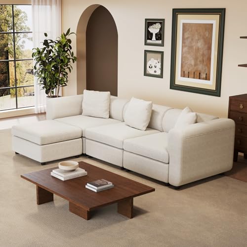 Miuuod Modern Sectional Sofa with 1 Storage Ottoman L Shape Modular Couch 3 Seat Convertible Sectional Couch Deep Seat Living Room High Resilience Cushions for Apartment Home Lounge Beige - color: Beige, style: 4 Seats（3 Seats with 1 Ottomans）