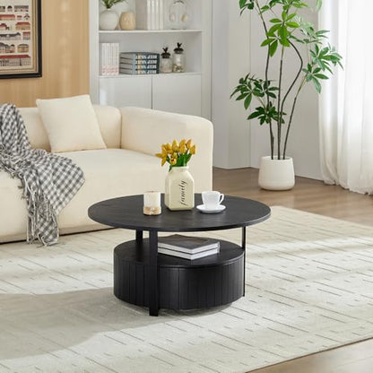 33 Inch Round Wood Coffee Table with Storage, Fluted Coffee Tables with 2 Tiers, Mid-Century Modern Center Table with a Single Drawer for Living Room - color: 33.07" 2 Tier-black