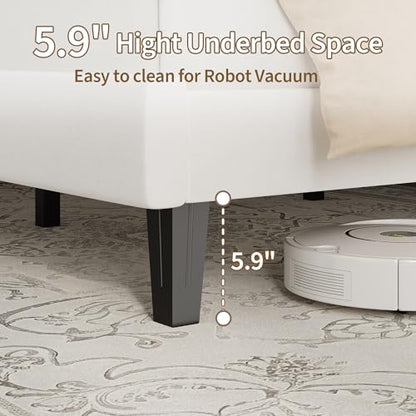 Garvee King Size Platform Bed Frame with Upholstered Headboard, White | Fully Velvet Upholstered Mattress Foundation with Height Adjustable Headboard, No Box Spring Needed, Easy Assembly - color: White, size: King