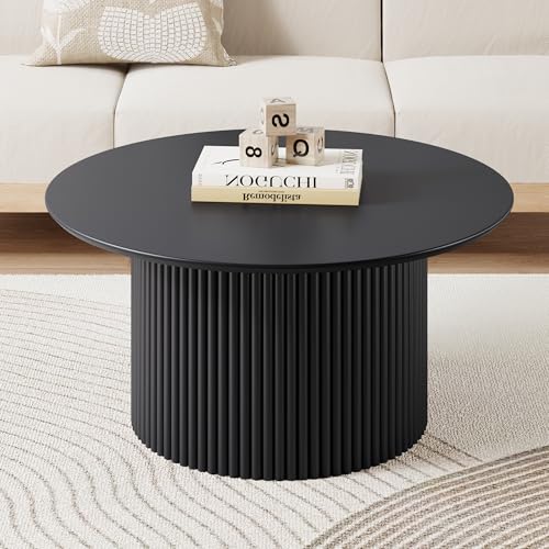31.5" Round Coffee Table, Modern Fluted Accent Center Table with Metal Frame, Wooden Circle Coffee Tables for Living Room Small Space or Office (Black) - color: Black 31.5" Round