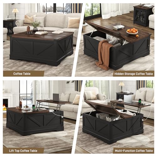 Hlivelood 40” Large Farmhouse Lift Top Coffee Table with Power Outlets and Large Hidden Storage, Square Wood Living Room Tables, Multi-Function Lift Wooden Barn Door Center Table, Black - color: Black