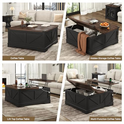 Hlivelood 40” Large Farmhouse Lift Top Coffee Table with Power Outlets and Large Hidden Storage, Square Wood Living Room Tables, Multi-Function Lift Wooden Barn Door Center Table, Black - color: Black