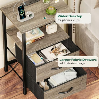Huuger Night Stand with Charger Station and LED Lights, 2 Drawer Nightstand | Bed Side Table with Open ShelfEnd TableFabric Drawers for Bedroom, Oak - color: Oak, size: 11.8"D x 15.7"W x 23.6"H（2 Drawers）