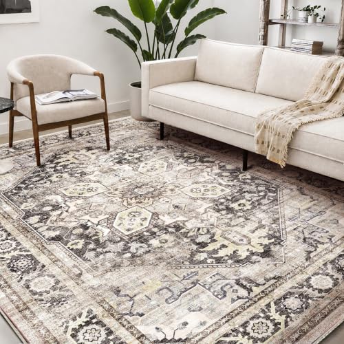 CHAMPLANT Washable Area Rug 9'x12' Black-Purple Khaki Retro Flowers Boho Design Non-Shedding Easy Care Ideal for High Traffic Areas in Living Room Bedroom Office Coffee Table Kitchen Large Carpet - color: Black-purple Khaki, size: 9' x 12' (Rectangular)