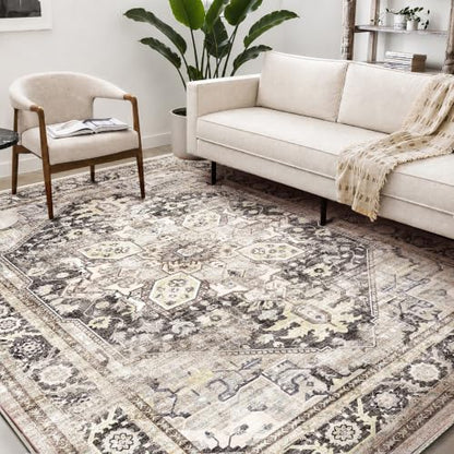 CHAMPLANT Washable Area Rug 9'x12' Black-Purple Khaki Retro Flowers Boho Design Non-Shedding Easy Care Ideal for High Traffic Areas in Living Room Bedroom Office Coffee Table Kitchen Large Carpet - color: Black-purple Khaki, size: 9' x 12' (Rectangular)