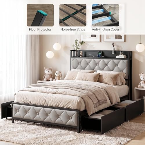 Twin Bed Frame with Button Headboard, PU Leather, All-Metal Support Platform LED Twin Bed with Storage and Charge Station, Easy to Install, Stable, Noise-Free (Grey) - color: Grey