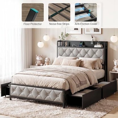 Twin Bed Frame with Button Headboard, PU Leather, All-Metal Support Platform LED Twin Bed with Storage and Charge Station, Easy to Install, Stable, Noise-Free (Grey) - color: Grey
