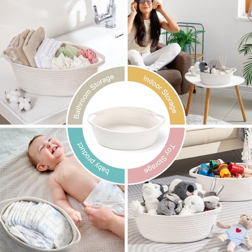 8 Pack Small Woven Basket with Gift Bags and Ribbons, All 12"x 8"x 5", Empty Decorative Gift Chest Box, Cute Baby Gift Basket for Nursery, Cotton Rope Room Shelf Storage Basket with Handles, White