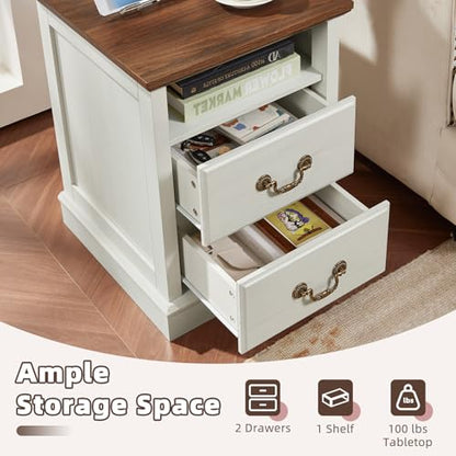 Farmhouse Night Stand with Charging Station, White | 2 Drawers End Tables Bedroom, Bedside Table with Rustic Handles & Floor-Standing Thickened Foot & Open Shelf - color: White, size: 18"D x 18"W x 24"H (2 Drawers)