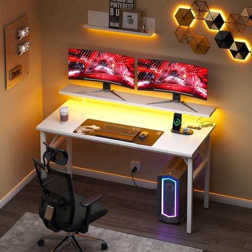 DlandHome 47" Computer Desk with Power Outlets & LED Lights, White, Bedroom | Folding Desk with Monitor Stand, Writing Study Table Gaming Desk, Metal Frame, Fully Assembled, Home Office Small Spaces - color: White + White, size: 47 Inches + Outlets
