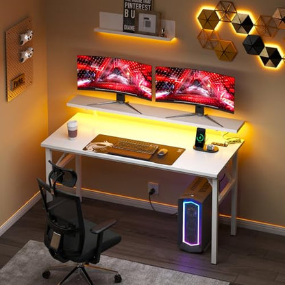 DlandHome 47" Computer Desk with Power Outlets & LED Lights, White, Bedroom | Folding Desk with Monitor Stand, Writing Study Table Gaming Desk, Metal Frame, Fully Assembled, Home Office Small Spaces - color: White + White, size: 47 Inches + Outlets