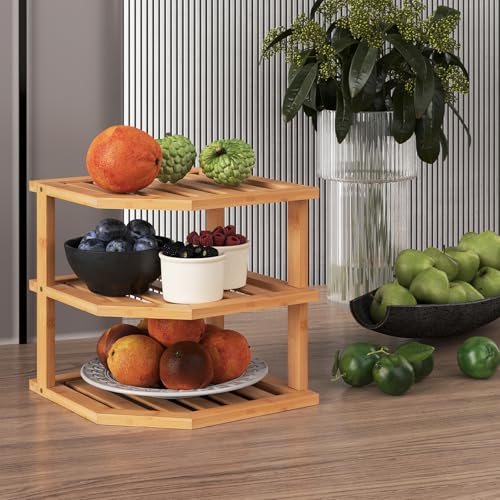 VERTORGAN 3 Tier Bamboo Dish Drying Rack,Corner Shelf 2 Pack(Natural) | Pantry Storage,Dish Rack,Spice Rack,Corner Organizer,Kitchen Counter Shelves,Kitchen Storage,Holds Plates - color: Natural, size: 2 PC