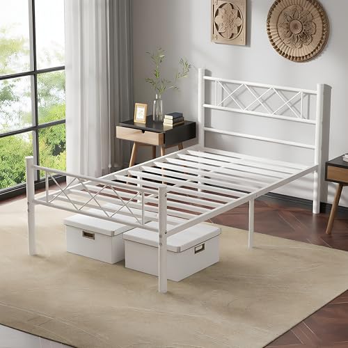 VECELO Twin Size Bed Frame with Headboard, Heavy Duty Bedframe with Strong Metal Slats, No Box Spring Needed & Easy Assembly, Pure White - color: Pure White, size: Twin