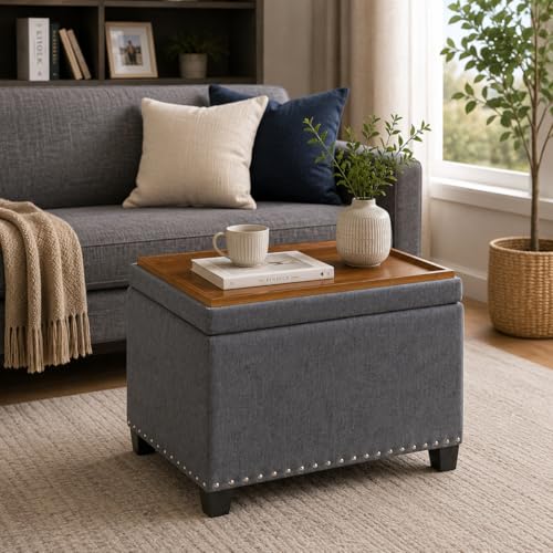 Homebeez Storage Ottoman with Tray Top, 22" Tufted Fabric Coffee Table with Storage, Foot Rest Ottoman with Nailhead Trim, for Living Room Bedroom, Gray - color: Gray Chenille