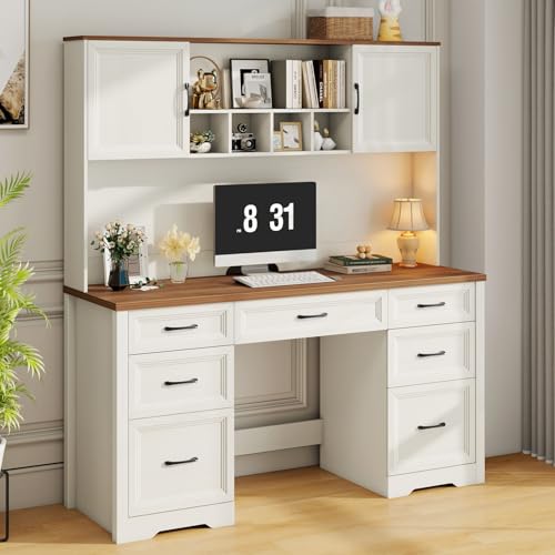 Vabches Farmhouse Executive Desk with 7 Drawers and Storage Cabinet, Rustic Large Home Writing Desk with Hutch, Workstation for Bedroom, White - color: Cottage White, size: 19.69"D x 60.24"W x 66.93"H