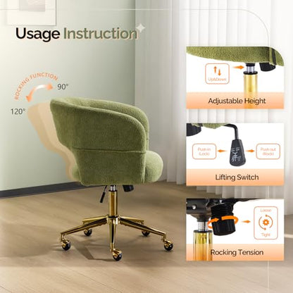 VINGLI Modern Curved Office & Vanity Desk Chair, Cute Upholstered Nail Chair with Wheels & 360° Swivel & Club & Tilting & Gold Base, for Bedroom, Living Room, Makeup, Velvet Chenille, Green - color: Green