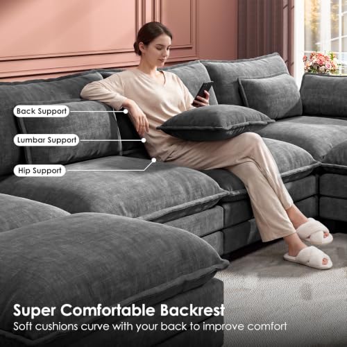 Marsail Modular Sectional Sofa 145.6" U-Shaped Modern Comfy Cloud Couch, 6-Seat Chenille Deep Seat Sofa with Throw Pillow & Movable Ottoman for Living Room, Bedroom and Apartment, Grey - color: Grey, size: 145.6" - U Shape