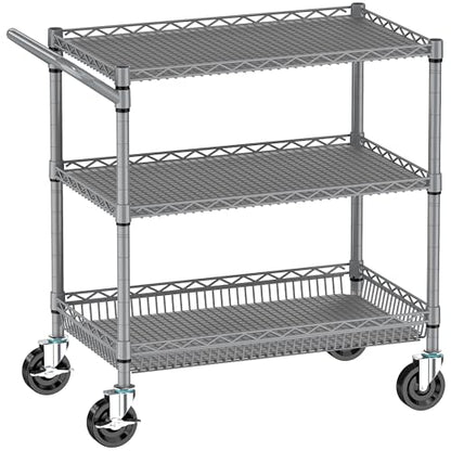 Folews Heavy Duty Rolling Cart with Wheels, 990LBS Metal Utility Cart | 3-Tier NSF Rolling Storage Organizer, Adjustable Shelves & Basket, Lockable Casters, Commercial Storage Trolley, Gray - style: Gray